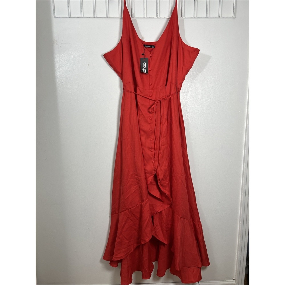 Boohoo Women 24 Maxi Dress Red Spaghetti Strap Plunge V Neck 6414 - Picture 4 of 8